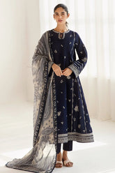 JAZMIN - 3PC DHANAK EMBROIDERED SHIRT WITH TWILL PRINTED SHAWL AND TROUSER - HZG2384