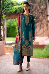 JAZMIN - 3PC KHADDAR EMBROIDERED SHIRT WITH PRINTED TWILL SHAWL AND TROUSER - HZG1799