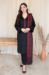 AISLING - 3PC DHANAK EMBROIDERED SHIRT WITH SLUB PRINTED SHAWL AND TROUSER - HZG1386