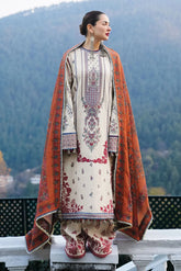 HUSSAIN REHAR - 3PC DHANAK EMBROIDERED SHIRT WITH TWILL PRINTED SHAWL AND TROUSER - HZU2540