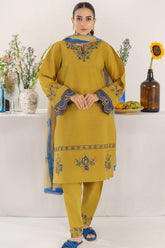 HANNA - 3PC KHADDAR EMBROIDERED SHIRT WITH TWILL PRINTED SHAWL AND TROUSER - HZG1784