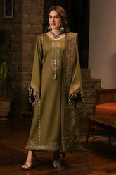 IZEL - 3PC DHANAK EMBROIDERED SHIRT TWILL PRINTED SHAWL AND TROUSER - HZG3157