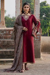 IZEL - 3PC DHANAK EMBROIDERED SHIRT WITH TWILL PRINTED SHAWL AND TROUSER - HZU2583