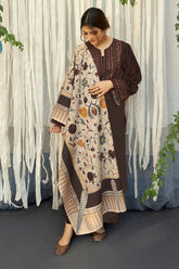 URGE - 3PC DHANAK EMBROIDERED SHIRT WITH TWILL PRINTED SHAWL AND TROUSER - HZG1484