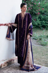 GARNET - 3PC DHANAK EMBROIDERED SHIRT WITH TWILL PRINTED SHAWL AND TROUSER - HZU2486