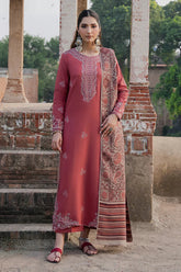 IZEL - 3PC DHANAK EMBROIDERED SHIRT WITH TWILL PRINTED SHAWL AND TROUSER - HZU2581