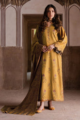 IZEL - 3PC DHANAK EMBROIDERED SHIRT WITH TWILL PRINTED SHAWL AND TROUSER - HZU2580