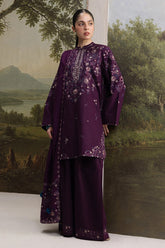 ZARA SHAHJAHAN - 3PC DHANAK EMBROIDERED SHIRT DHANAK EMBROIDERED SHAWL AND TROUSER - HZG3163