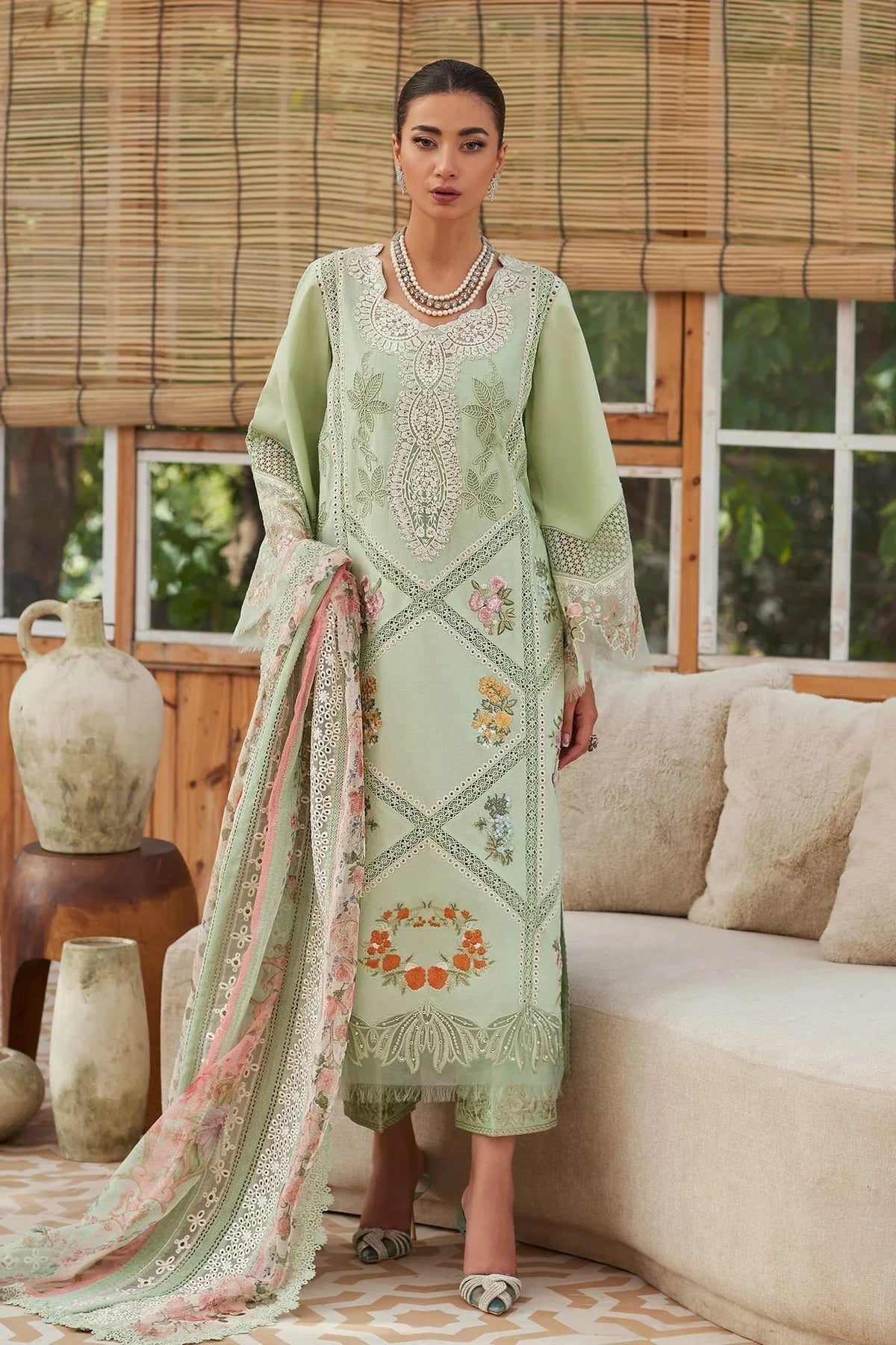 CRIMSON - 3PC LAWN CHIKANKAARI EMBROIDERED SHIRT WITH CHIFFON PRINTED DUPATTA AND TROUSER - HZG2772