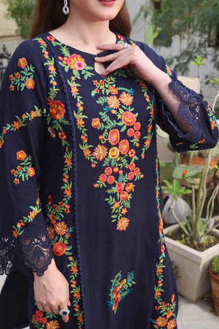 ASIM JOFA - 3PC DHANAK EMBROIDERED SHIRT WITH TWILL PRINTED SHAWL AND TROUSER - HZU2529