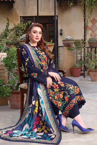 ASIM JOFA - 3PC DHANAK EMBROIDERED SHIRT WITH TWILL PRINTED SHAWL AND TROUSER - HZU2529