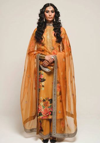 ZAINAB CHOTTANI - 3PC SHAMOZE SILK PRINTED EMBROIDERED SHIRT WITH SILK PRINTED EMBROIDERED DUPATTA AND TROUSER - HZU590