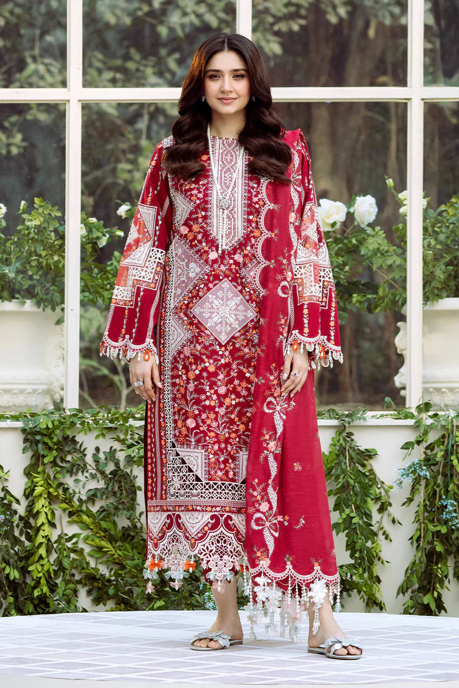 BIN ILYAS - 3PC LAWN EMBROIDERED SHIRT WITH KHADI NET EMBROIDERED DUPATTA AND TROUSER - HZG2685