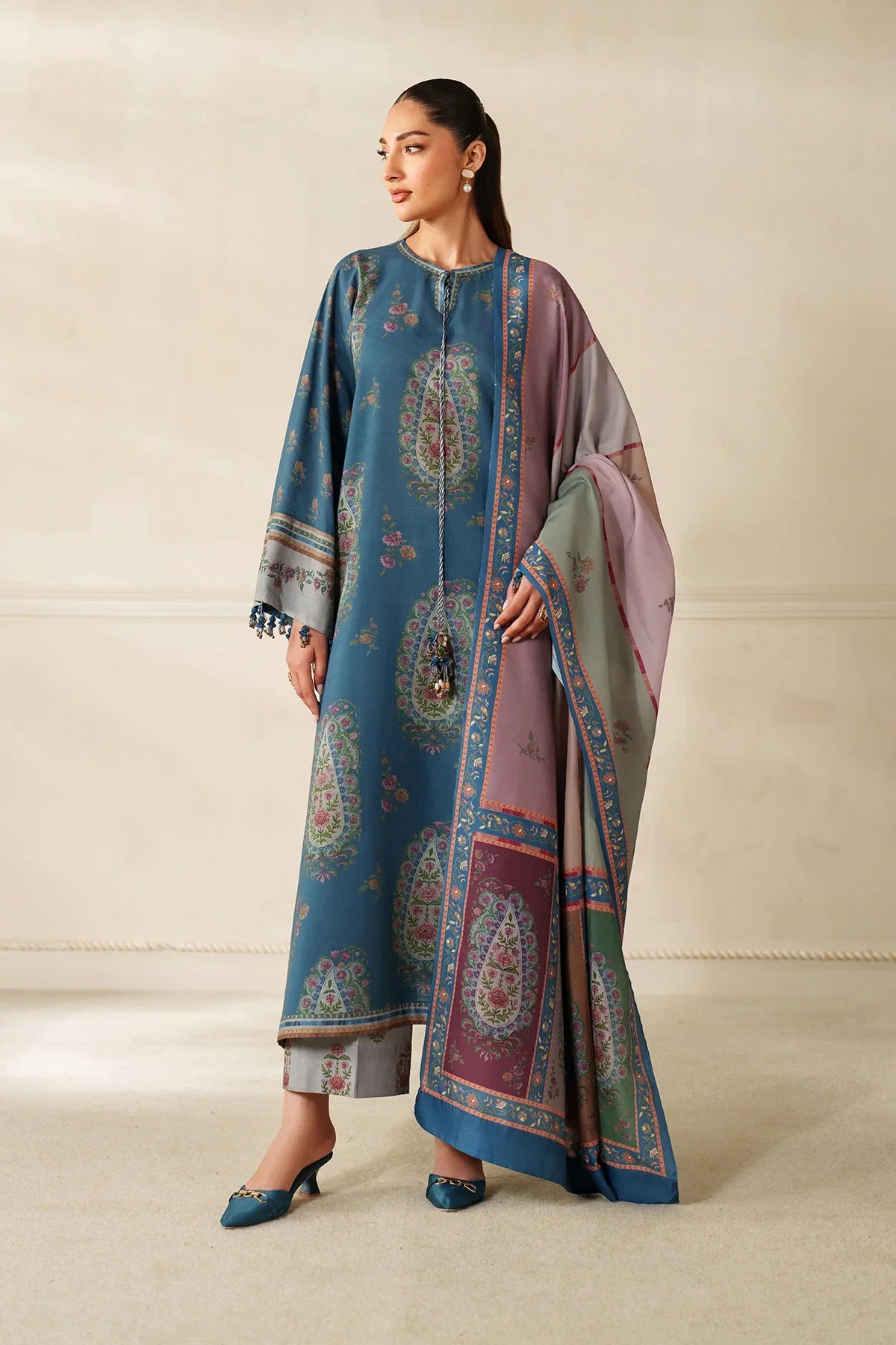BAROQUE - 3PC KARANDI PRINTED SHIRT WITH KARANDI PRINTED SHAWL AND TROUSER - HZG3150