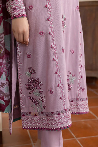 JAZMIN - 3PC SLUB DHANAK EMBROIDERED SHIRT WITH TWILL PRINTED SHAWL AND TROUSER - HZG1273