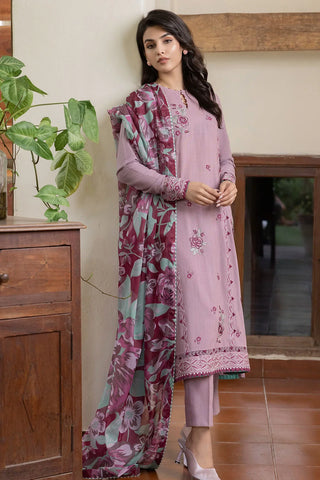 JAZMIN - 3PC SLUB DHANAK EMBROIDERED SHIRT WITH TWILL PRINTED SHAWL AND TROUSER - HZG1273