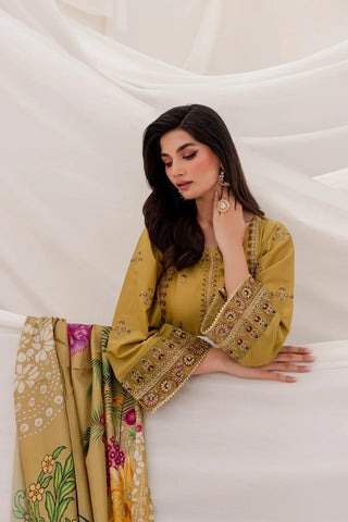 BATIK - 3PC DHANAK EMBROIDERED SHIRT WITH TWILL PRINTED SHAWL & TROUSER - HZG2552