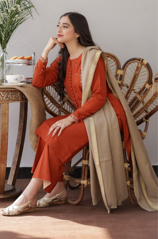 AISLING - 3PC DHANAK EMBROIDERED SHIRT WITH DHANAK PRINTED SHAWL AND TROUSER- HZG1326