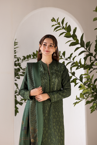 SOBIA NAZIR - 3PC DHANAK EMBROIDERED SHIRT WITH TWILL PRINTED SHAWL AND TROUSER - HZG1921