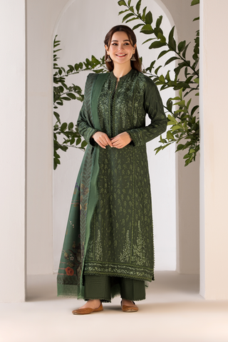 SOBIA NAZIR - 3PC DHANAK EMBROIDERED SHIRT WITH TWILL PRINTED SHAWL AND TROUSER - HZG1921