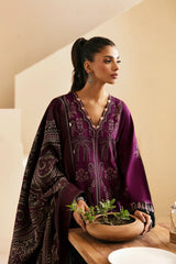ETHNC - 3PC DHANAK EMBROIDERED SHIRT WITH TWILL PRINTED SHAWL AND TROUSER - HZG1893