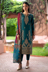 JAZMIN - 3PC KHADDAR EMBROIDERED SHIRT WITH PRINTED TWILL SHAWL AND TROUSER - HZG1799