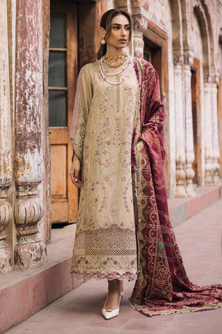 NUREH - 3PC DHANAK EMBROIDERED SHIRT WITH TWILL PRINTED SHAWL AND TROUSER - HZU2596