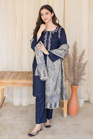 AISLING - 3PC DHANAK EMBROIDERED SHIRT WITH SLUB PRINTED SHAWL AND TROUSER - HZG1387