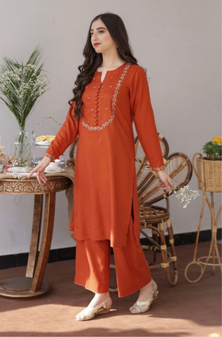 AISLING - 3PC DHANAK EMBROIDERED SHIRT WITH DHANAK PRINTED SHAWL AND TROUSER- HZG1326