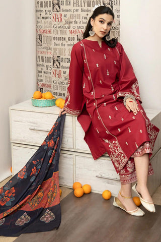 URGE - 3PC DHANAK EMBROIDERED SHIRT WITH TWILL PRINTED SHAWL AND EMBROIDERED TROUSER - HZG2571