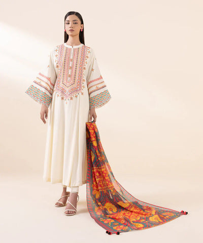 SAPPHIRE - 3PC DHANAK EMBROIDERED SHIRT WITH TWILL PRINTED SHAWL AND TROUSER - HZG1897