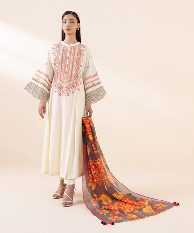 SAPPHIRE - 3PC DHANAK EMBROIDERED SHIRT WITH TWILL PRINTED SHAWL AND TROUSER - HZG1897