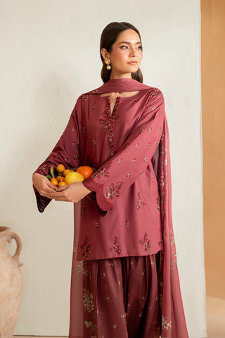 IZNIK - 3PC DHANAK EMBROIDERED SHIRT WITH TWILL PRINTED SHAWL AND TROUSER - HZG2393