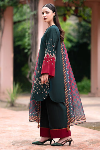 JAZMIN - 3PC DHANAK EMBROIDERED SHIRT WITH TWILL PRINTED SHAWL AND TROUSER - HZG1829