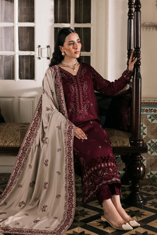 NUREH - 3PC DHANAK EMBROIDERED SHIRT WITH DHANAK EMBROIDERED SHAWL AND TROUSER - HZG2592
