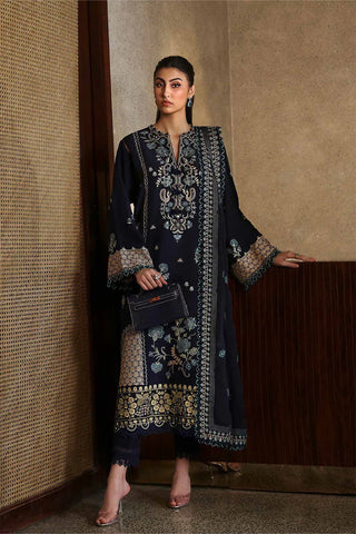 ZAHA - 3PC DHANAK EMBROIDERED SHIRT WITH DHANAK EMBROIDERED SHAWL AND TROUSER - HZU2464
