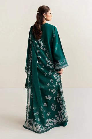 AFROZEH - 3PC DHANAK EMBROIDERED SHIRT WITH TWILL PRINTED SHAWL AND TROUSER - HZU2478