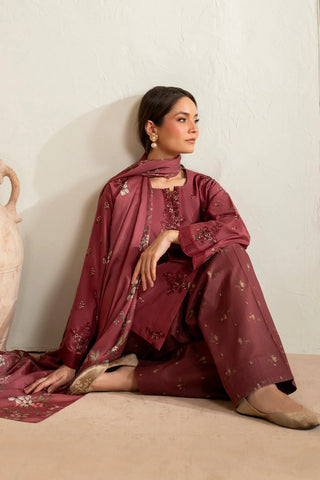 IZNIK - 3PC DHANAK EMBROIDERED SHIRT WITH TWILL PRINTED SHAWL AND TROUSER - HZG2393