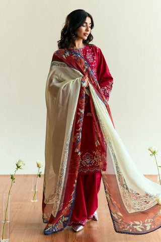 ZARA SHAH JAHAN - 3PC DHANAK EMBROIDERED SHIRT WITH TWILL PRINTED SHAWL AND TROUSER - HZG2339