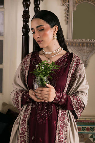 NUREH - 3PC DHANAK EMBROIDERED SHIRT WITH DHANAK EMBROIDERED SHAWL AND TROUSER - HZG2592