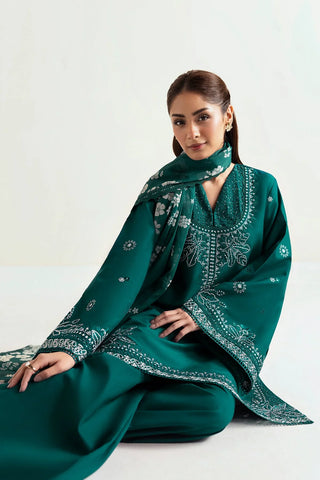 AFROZEH - 3PC DHANAK EMBROIDERED SHIRT WITH TWILL PRINTED SHAWL AND TROUSER - HZU2478