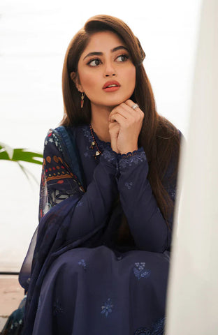 SERAN - 3PC DHANAK EMBROIDERED SHIRT WITH TWILL PRINTED SHAWL AND TROUSER - HZG1681