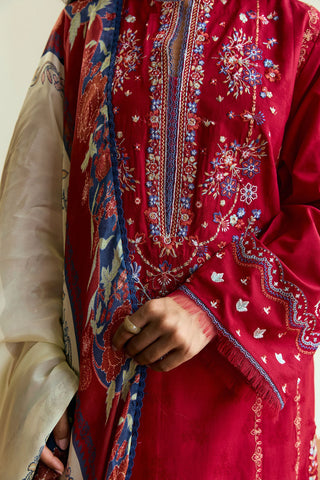 ZARA SHAH JAHAN - 3PC DHANAK EMBROIDERED SHIRT WITH TWILL PRINTED SHAWL AND TROUSER - HZG2339