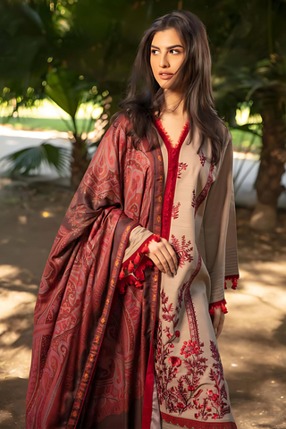 ZAINAB CHOTTANI - 3PC DHANAK EMBROIDERED SHIRT WITH TWILL PRINTED SHAWL AND TROUSER - HZG1499