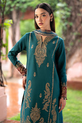 JAZMIN - 3PC KHADDAR EMBROIDERED SHIRT WITH PRINTED TWILL SHAWL AND TROUSER - HZG1799