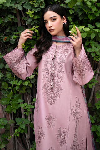 JAZMIN - 3PC DHANAK EMBROIDERED SHIRT WITH TWILL PRINTED SHAWL AND TROUSER - HZG1883