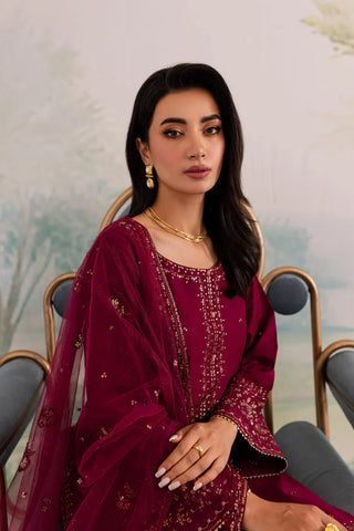 JAZMIN - 3PC DHANAK EMBROIDERED SHIRT WITH ORGANZA EMBROIDERED DUPATTA AND TROUSER - HZG2415