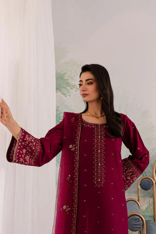 JAZMIN - 3PC DHANAK EMBROIDERED SHIRT WITH ORGANZA EMBROIDERED DUPATTA AND TROUSER - HZG2415