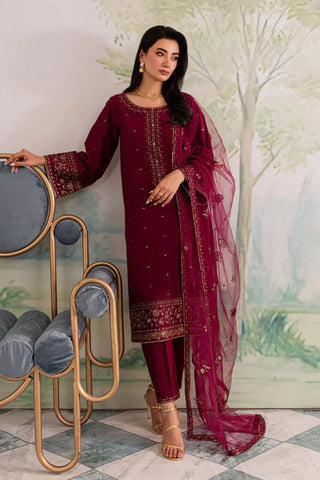 JAZMIN - 3PC DHANAK EMBROIDERED SHIRT WITH ORGANZA EMBROIDERED DUPATTA AND TROUSER - HZG2415