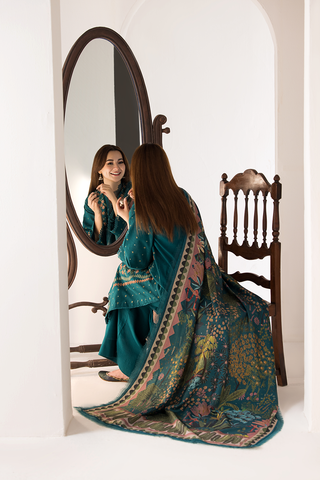 SOBIA NAZIR - 3PC DHANAK EMBROIDERED SHIRT WITH TWILL PRINTED SHAWL AND TROUSER - HZG2550